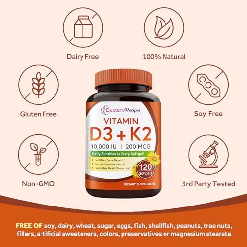  Doctor's Recipes Vitamin D3 K2 for Strong Bone Density and Immune Support, 10,000 IU, 200 mcg MK-7, Calcium Absorption,