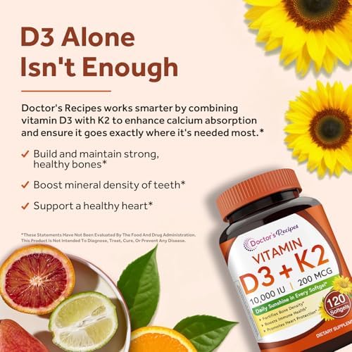  Doctor's Recipes Vitamin D3 K2 for Strong Bone Density and Immune Support, 10,000 IU, 200 mcg MK-7, Calcium Absorption,